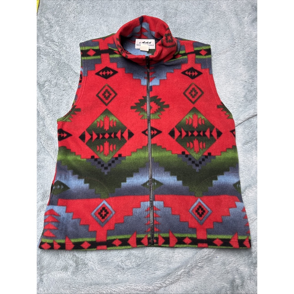 Back In The Saddle Aztec Print Fleece Vest Red Southwestern Zip Women's SZ M USA